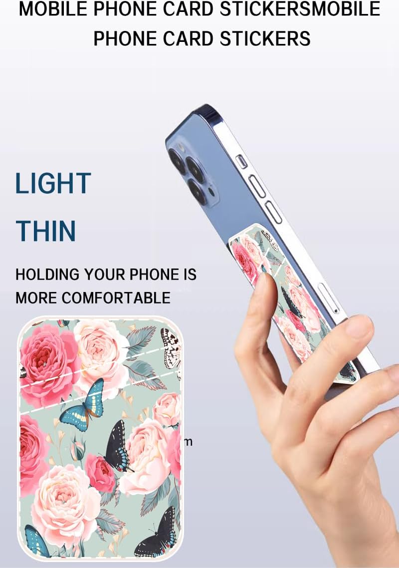 AOHRO Dual Pocket Leather Phone Wallet Adhesive Stick On, Cute Card Holder for Credit Cards, Compatible with Most Phones - Cute Rose Butterfly - Image 3